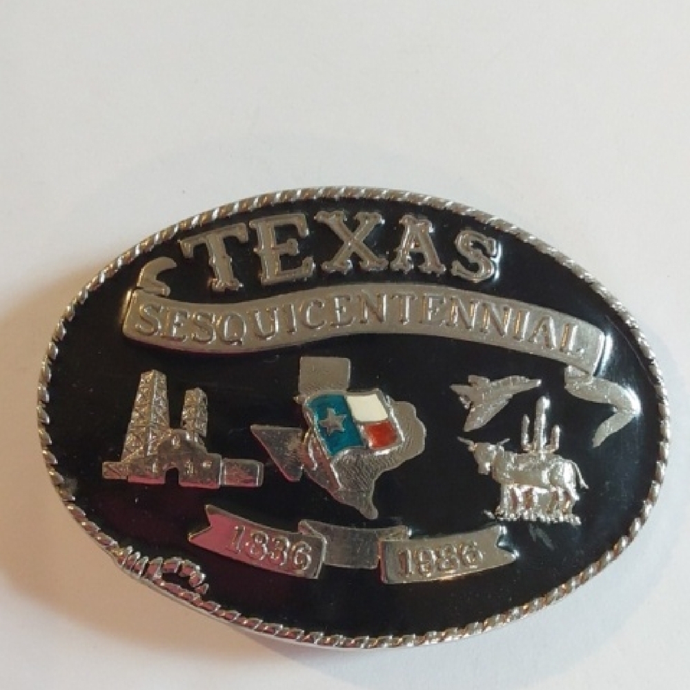 Texas Sesquicentennial Belt Buckle Black And Silver 1836-1986 Great Condition